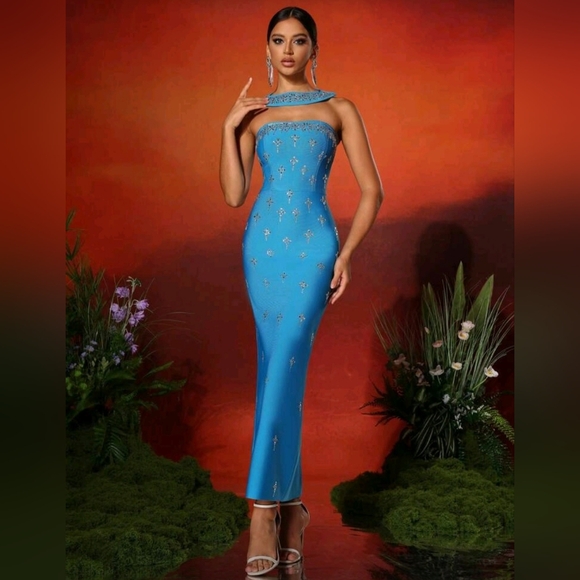 NWT Elegant Blue Rhinestone Embellished Strapless Formal Ball Gala Gown Dress - Picture 5 of 15